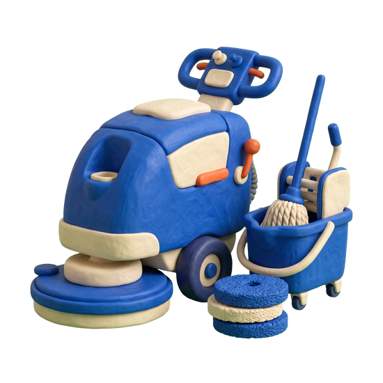 Janitorial equipment supplier illustration in blue and ivory clay