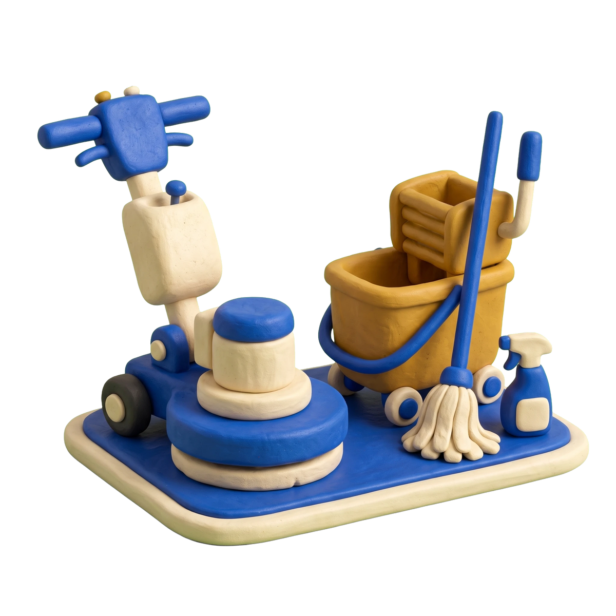 Janitorial service illustration in blue and ivory clay