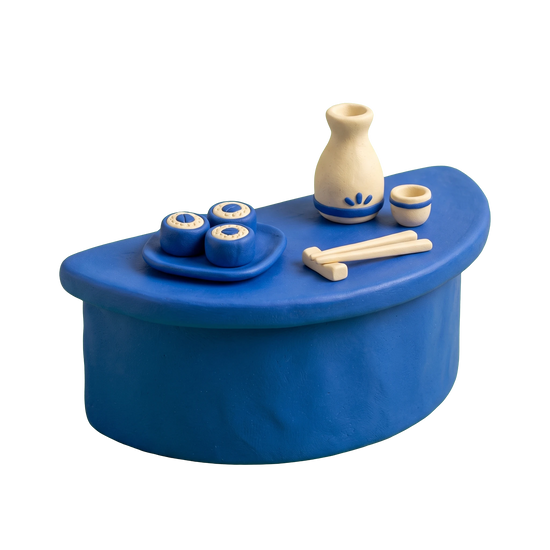 Japanese restaurant illustration in blue and ivory clay