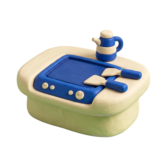 Japanese steakhouse illustration in blue and ivory clay