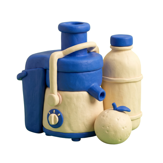 Juice shop illustration in blue and ivory clay