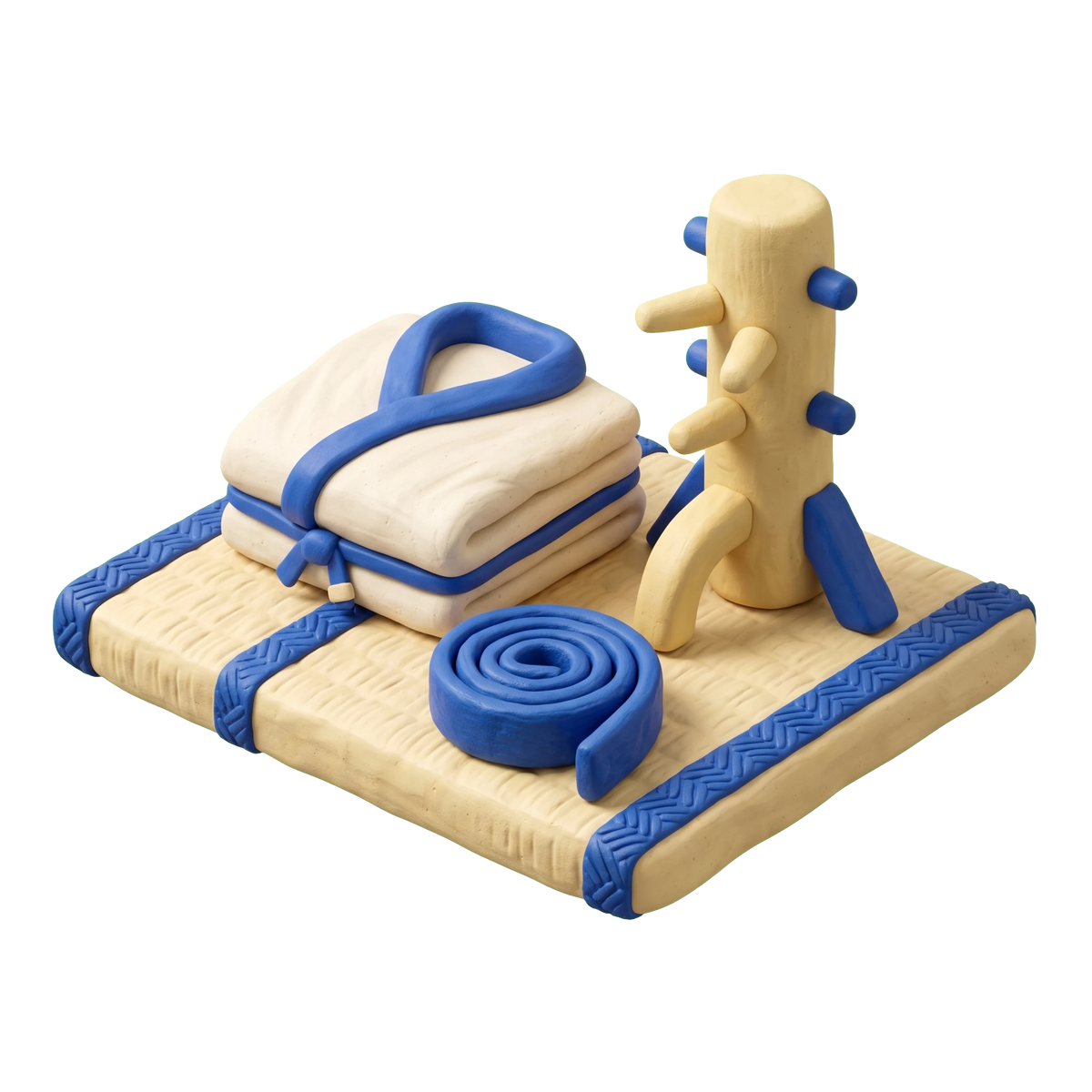 Jujitsu school illustration in blue and ivory clay