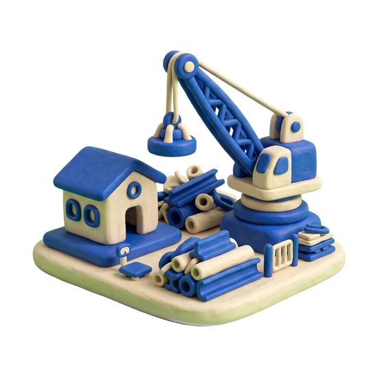 Junk dealer illustration in blue and ivory clay