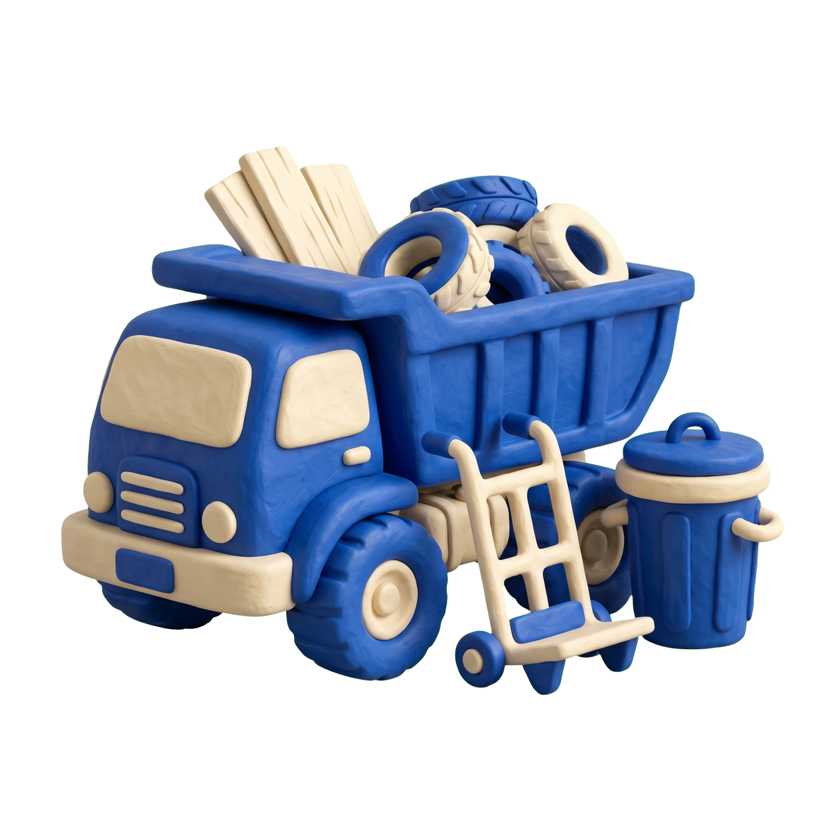 Junk removal service illustration in blue and ivory clay