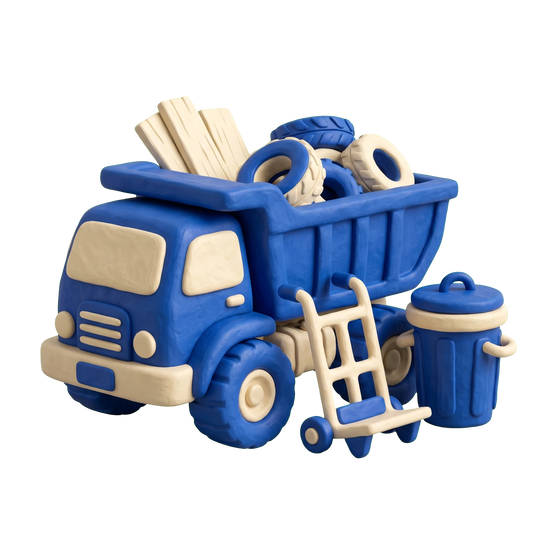 Junk removal service illustration in blue and ivory clay