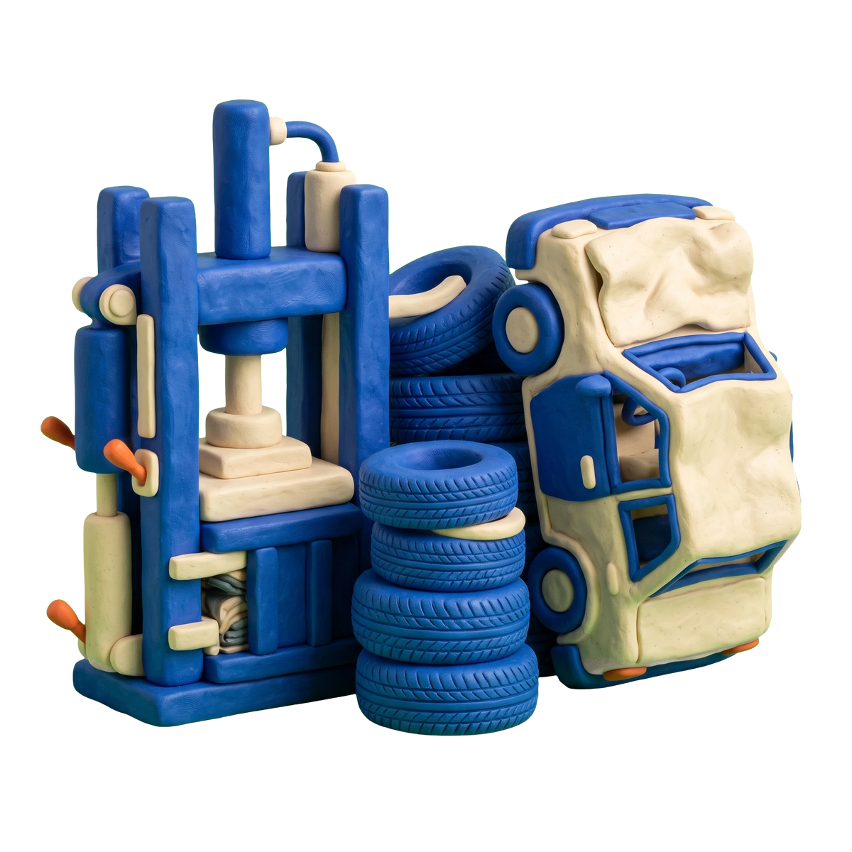 Junkyard illustration in blue and ivory clay