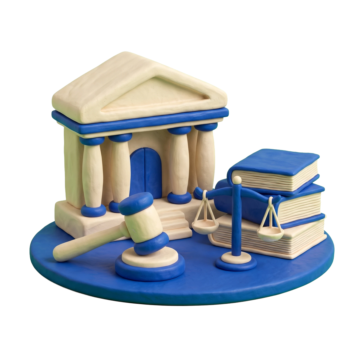Justice department illustration in blue and ivory clay