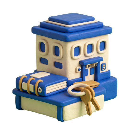 Juvenile detention center illustration in blue and ivory clay