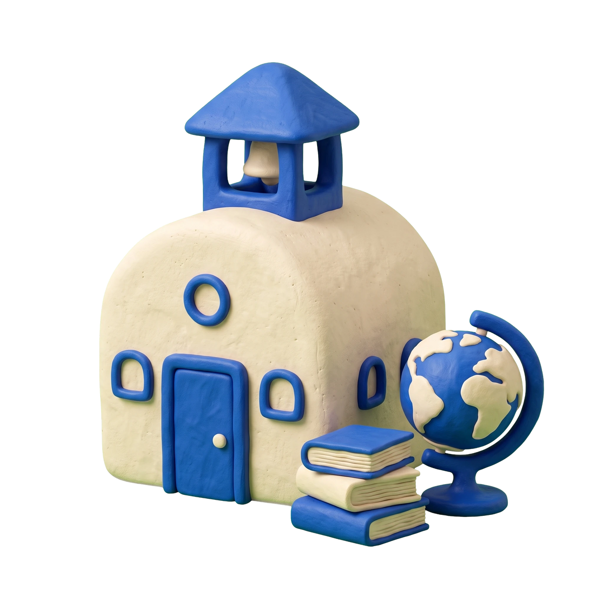 K-12 school illustration in blue and ivory clay