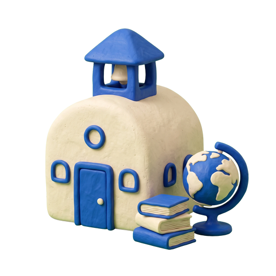 K-12 school illustration in blue and ivory clay