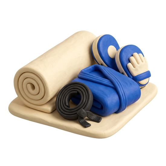 Karate school illustration in blue and ivory clay