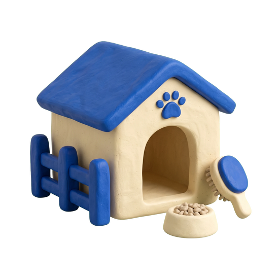 Kennel illustration in blue and ivory clay