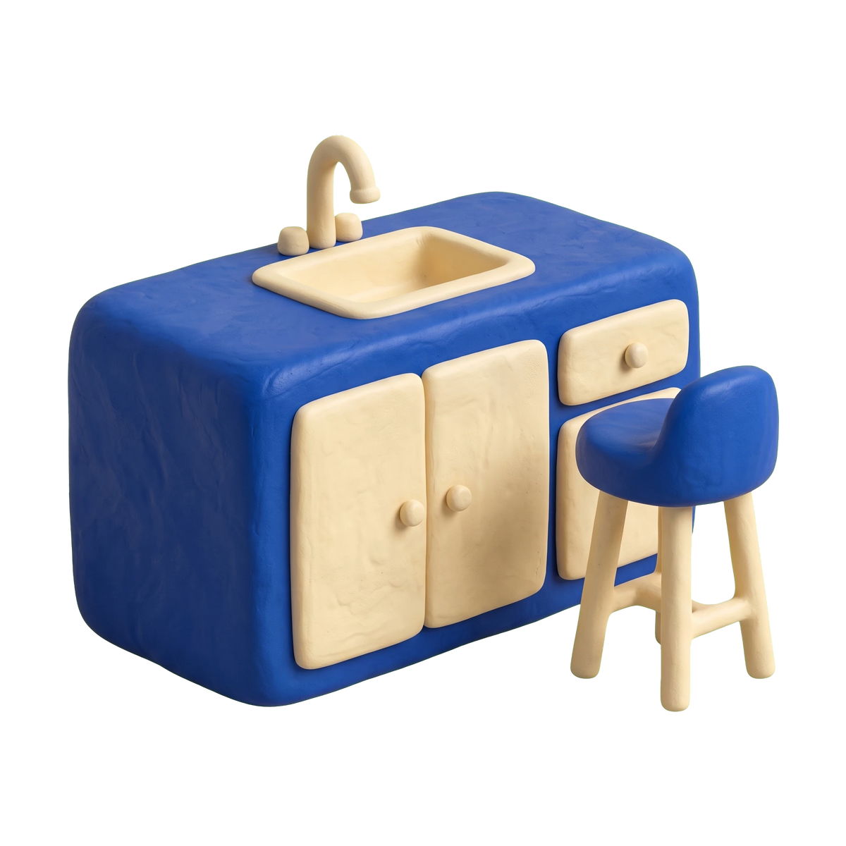 Kitchen furniture store illustration in blue and ivory clay