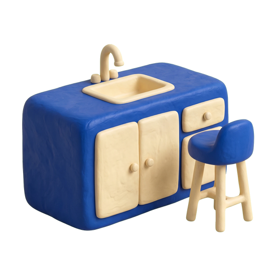Kitchen furniture store illustration in blue and ivory clay