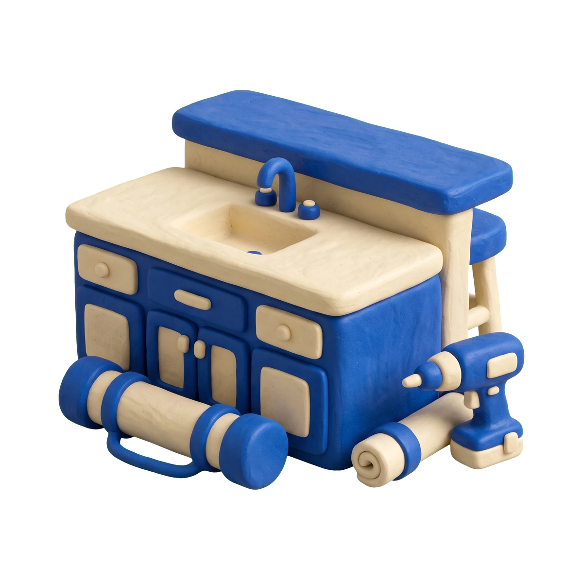 Kitchen remodeler illustration in blue and ivory clay