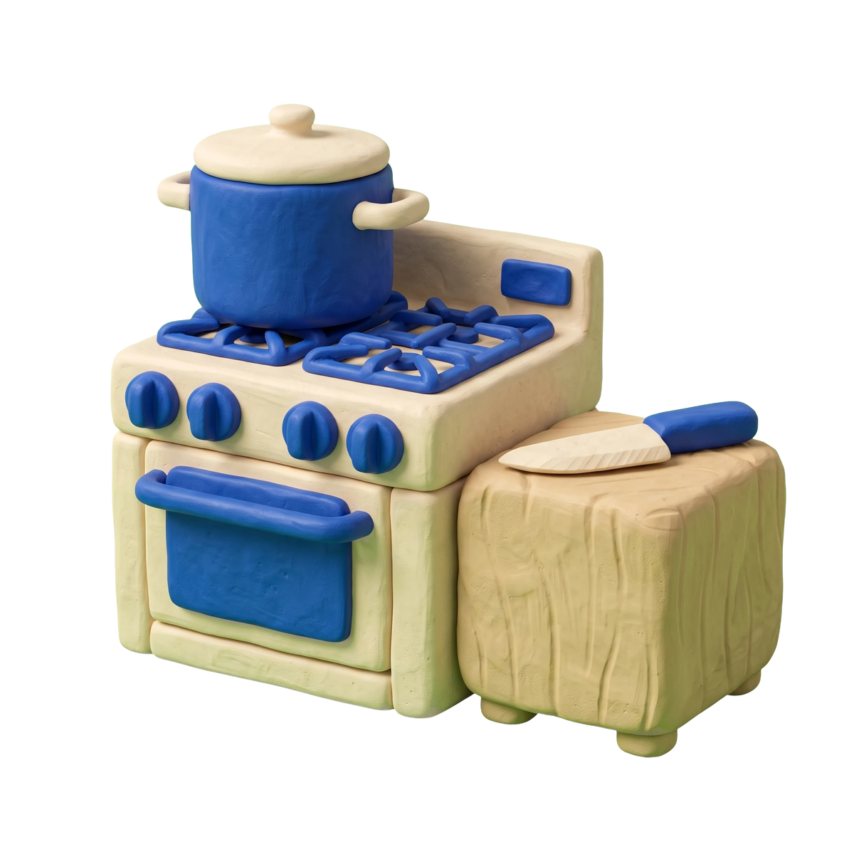 Kitchen supply store illustration in blue and ivory clay
