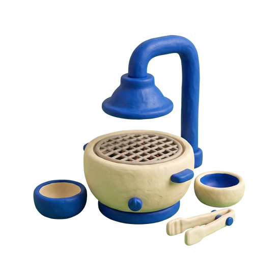 Korean barbecue restaurant illustration in blue and ivory clay