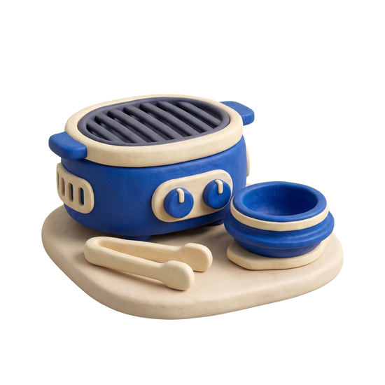 Korean restaurant illustration in blue and ivory clay