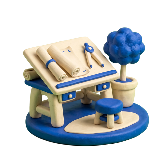 Landscape designer illustration in blue and ivory clay