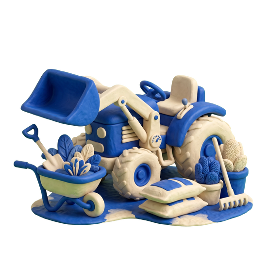 Landscaper illustration in blue and ivory clay