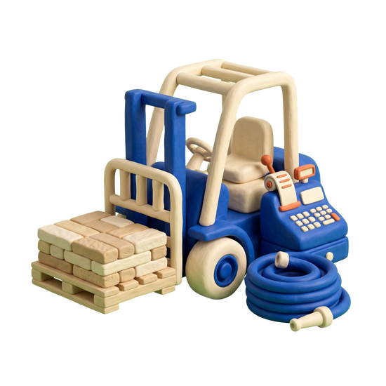 Landscaping supply store illustration in blue and ivory clay
