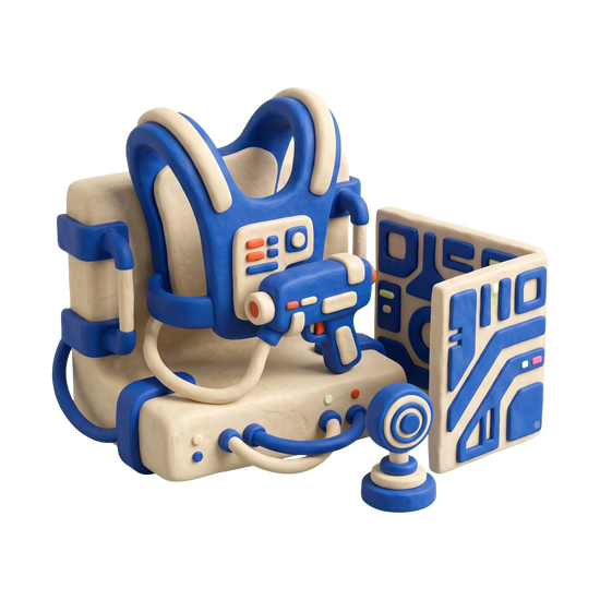 Laser tag center illustration in blue and ivory clay