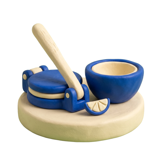 Latin American restaurant illustration in blue and ivory clay