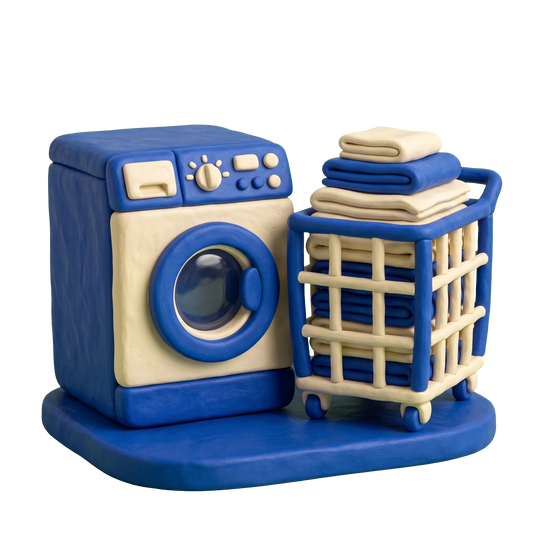 Laundry illustration in blue and ivory clay