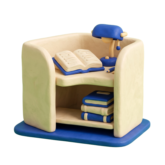 Law library illustration in blue and ivory clay