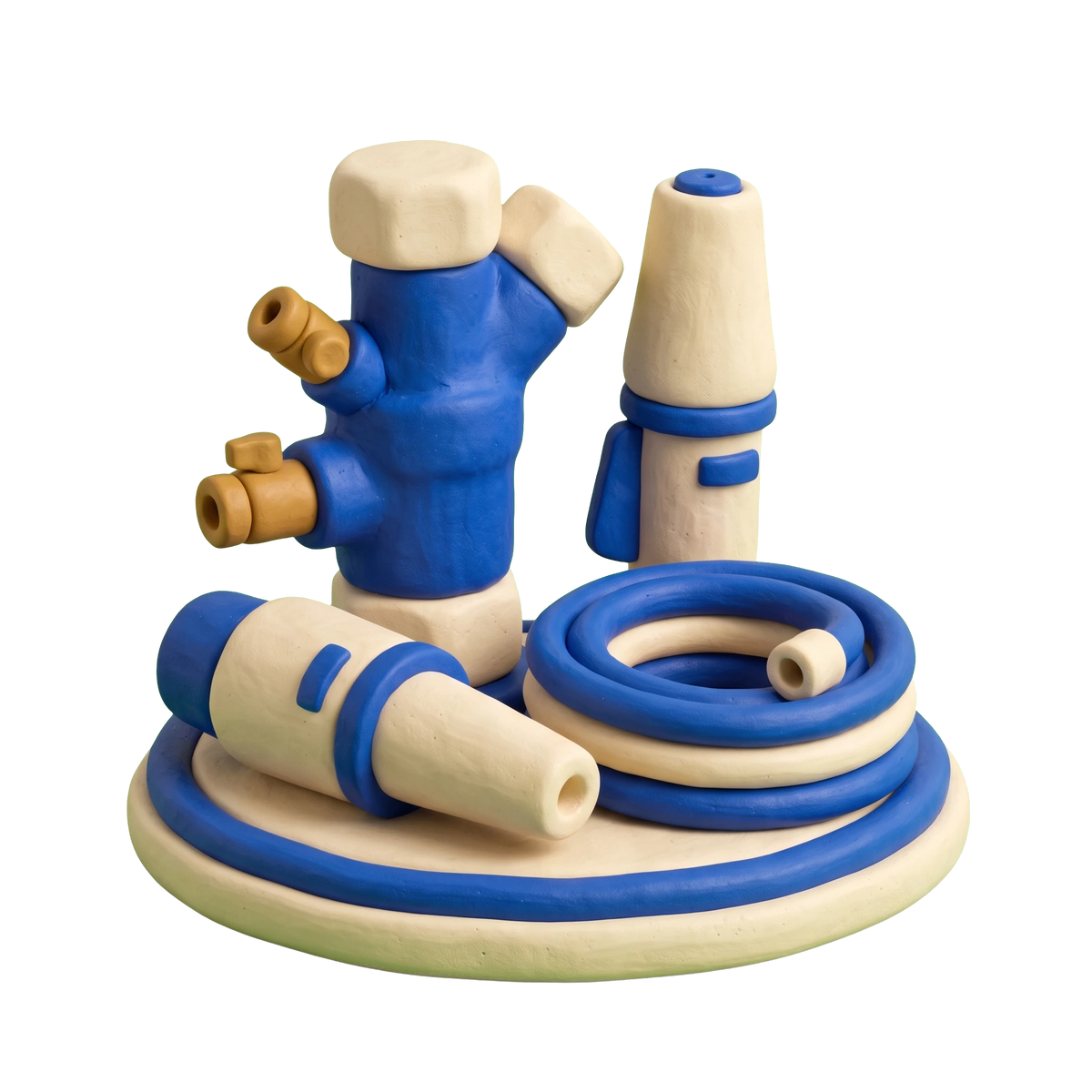 Lawn irrigation equipment supplier illustration in blue and ivory clay