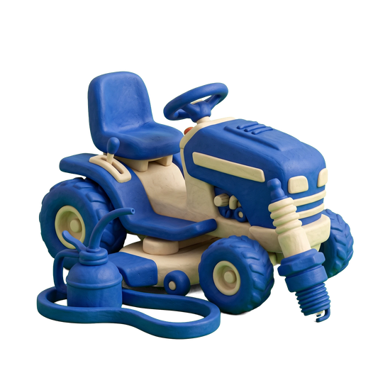 Lawn mower store illustration in blue and ivory clay