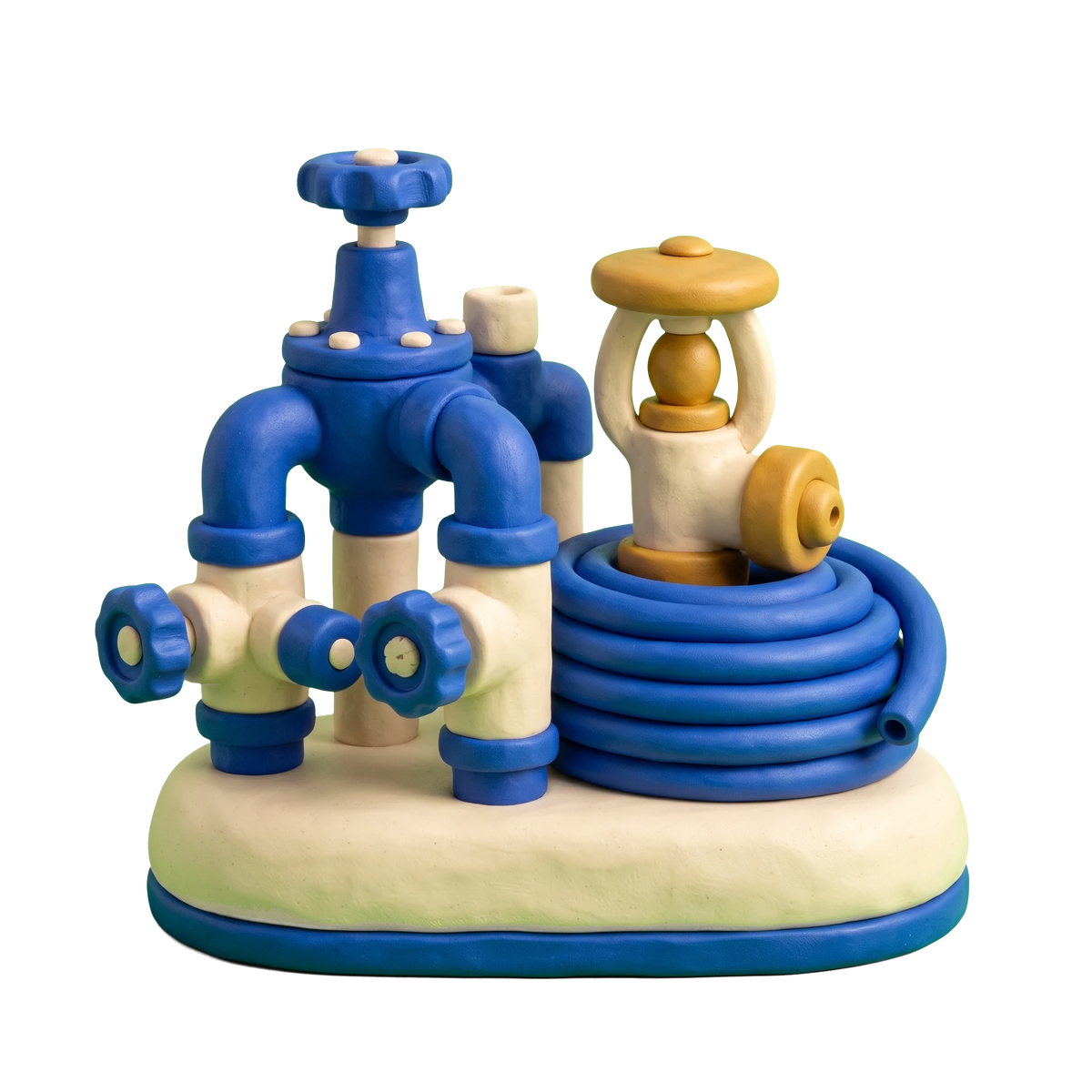 Lawn sprinkler system contractor illustration in blue and ivory clay