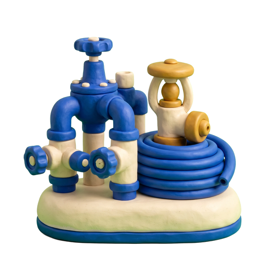 Lawn sprinkler system contractor illustration in blue and ivory clay