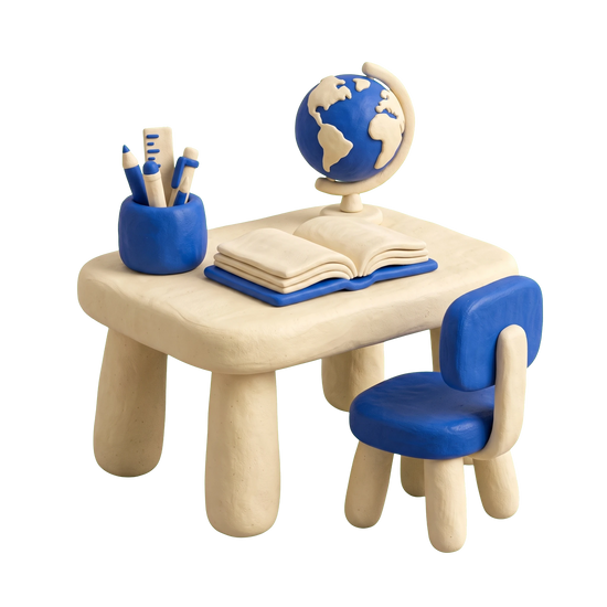 Learning center illustration in blue and ivory clay
