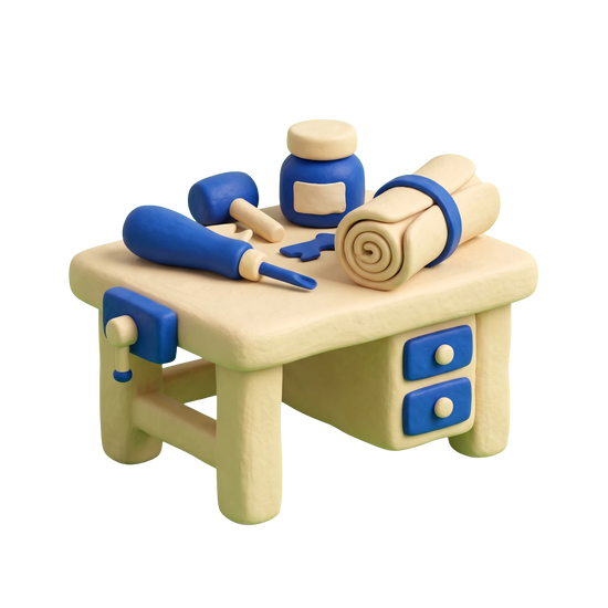 Leather repair service illustration in blue and ivory clay