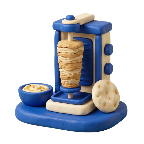 Lebanese restaurant illustration in blue and ivory clay