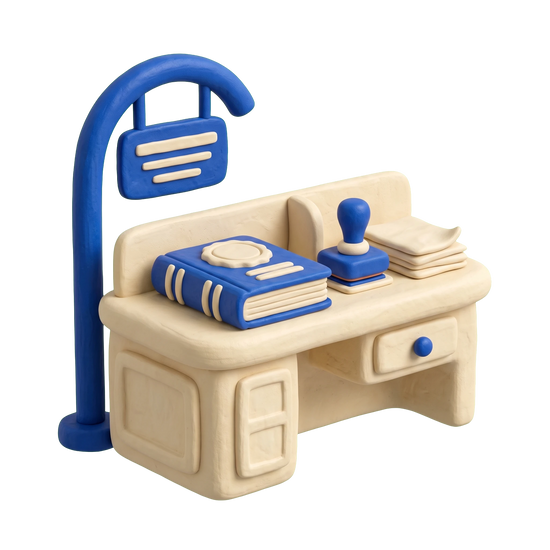 License bureau illustration in blue and ivory clay