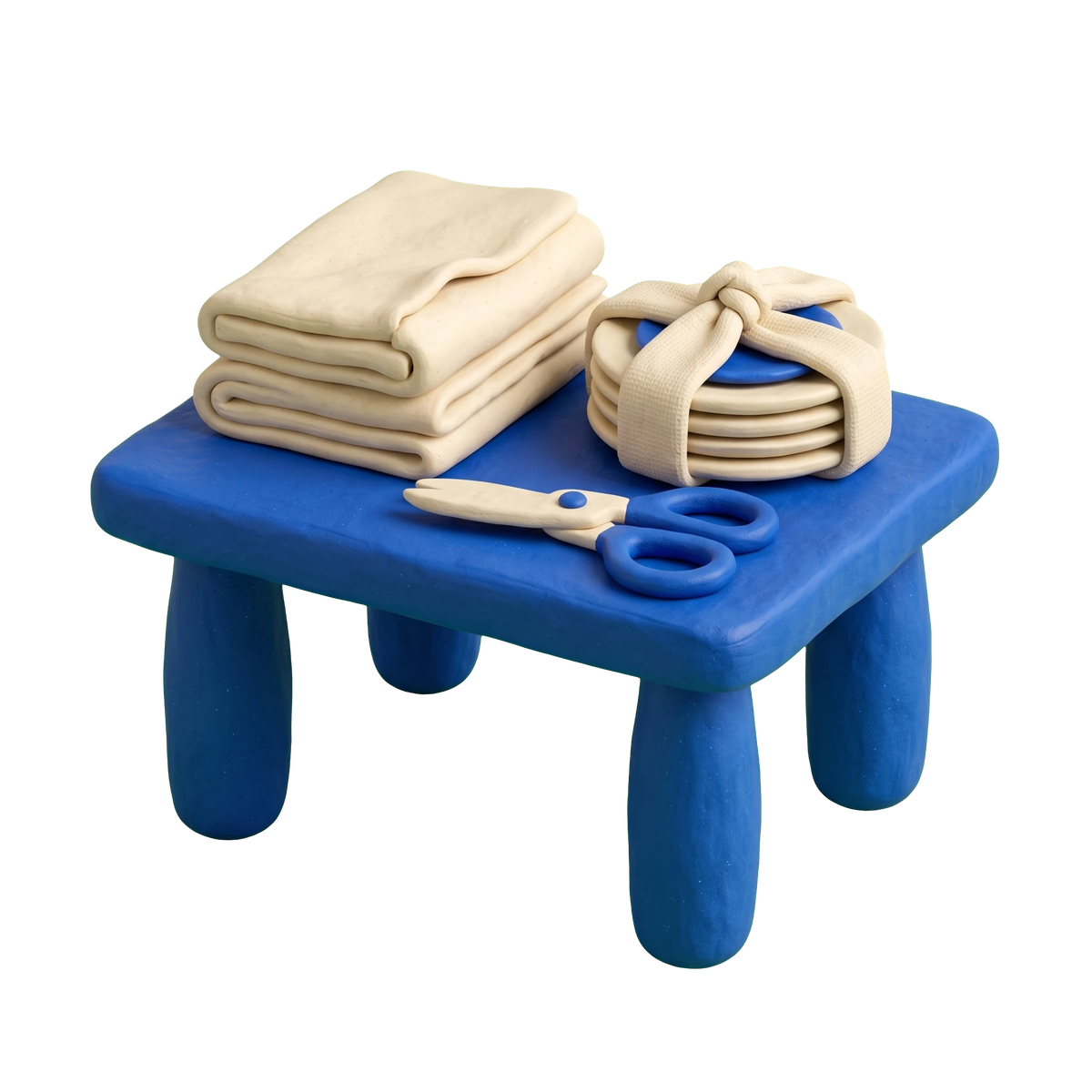 Linens store illustration in blue and ivory clay