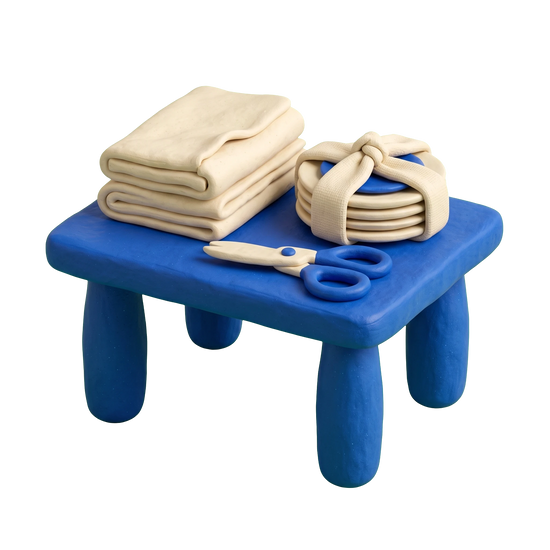 Linens store illustration in blue and ivory clay