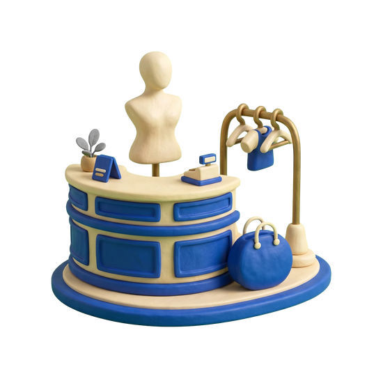Lingerie store illustration in blue and ivory clay
