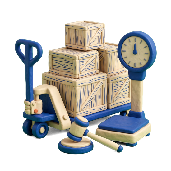 Liquidator illustration in blue and ivory clay