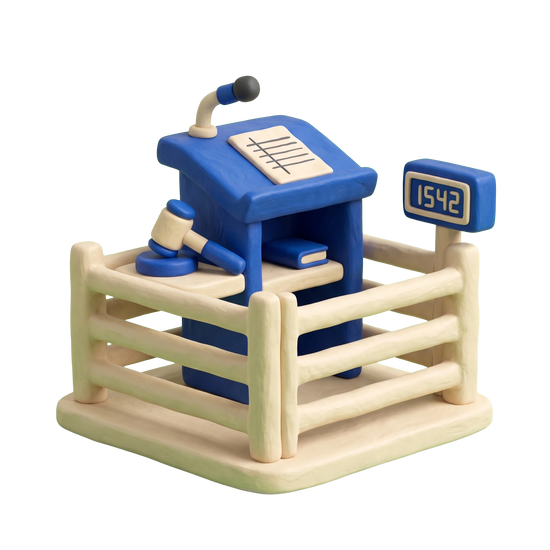 Livestock auction house illustration in blue and ivory clay