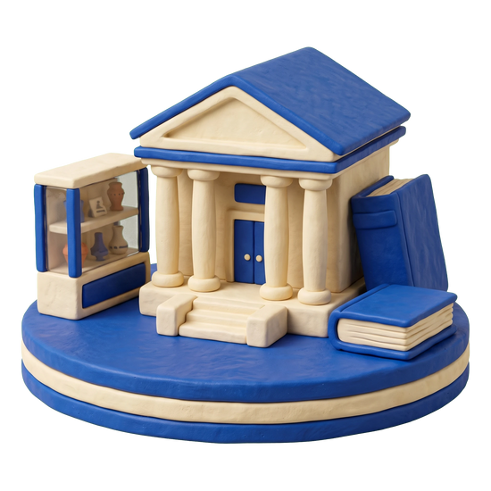 Local history museum illustration in blue and ivory clay