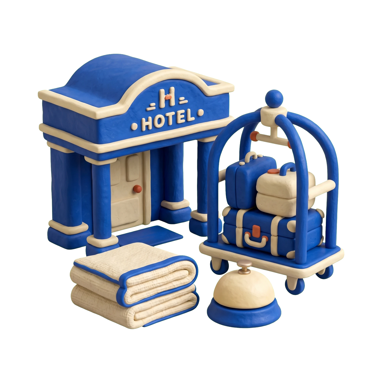 Lodging illustration in blue and ivory clay