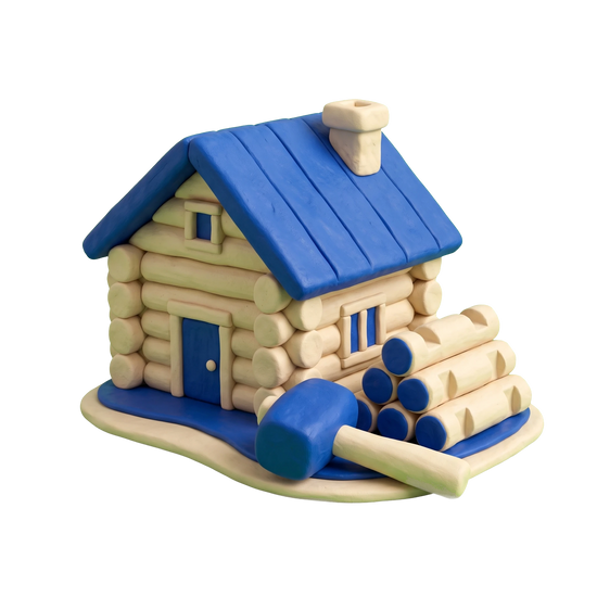 Log cabins illustration in blue and ivory clay