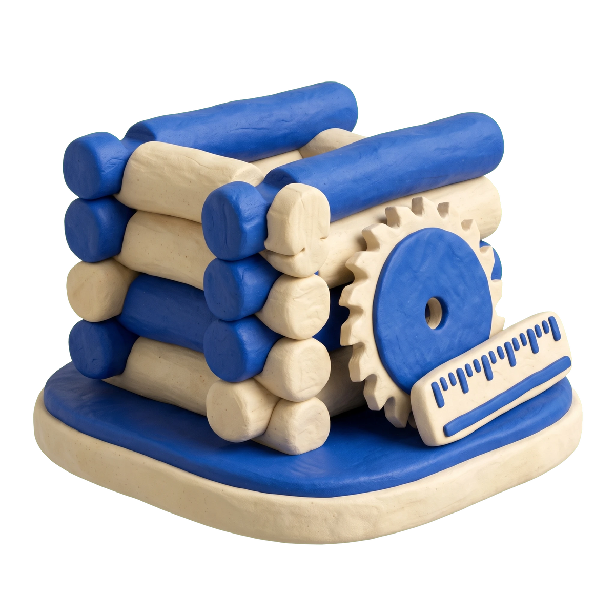 Log home builder illustration in blue and ivory clay