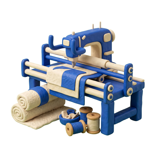 Longarm quilting service illustration in blue and ivory clay