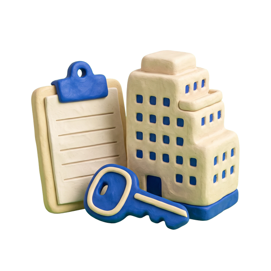 Low income housing program illustration in blue and ivory clay