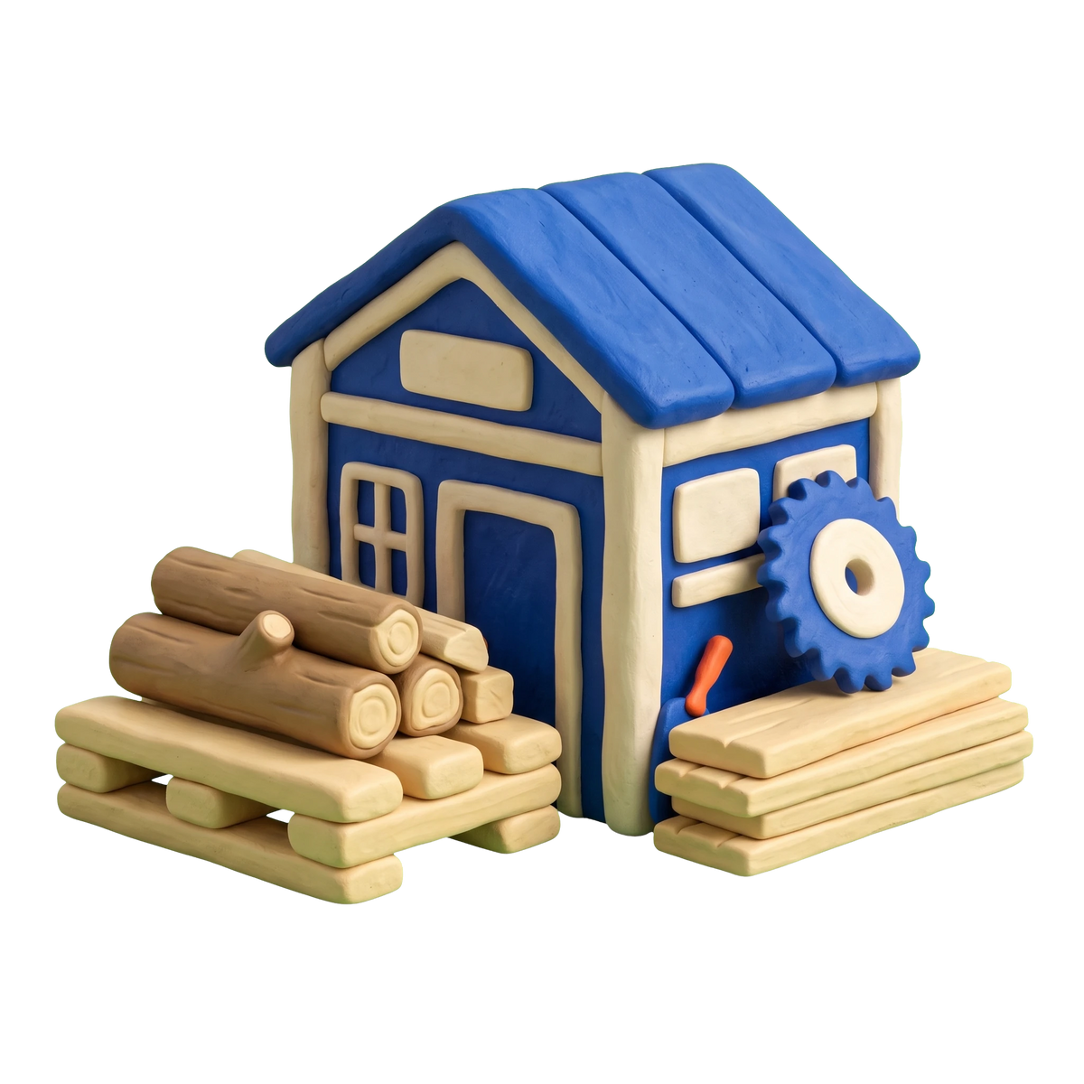 Lumber store illustration in blue and ivory clay