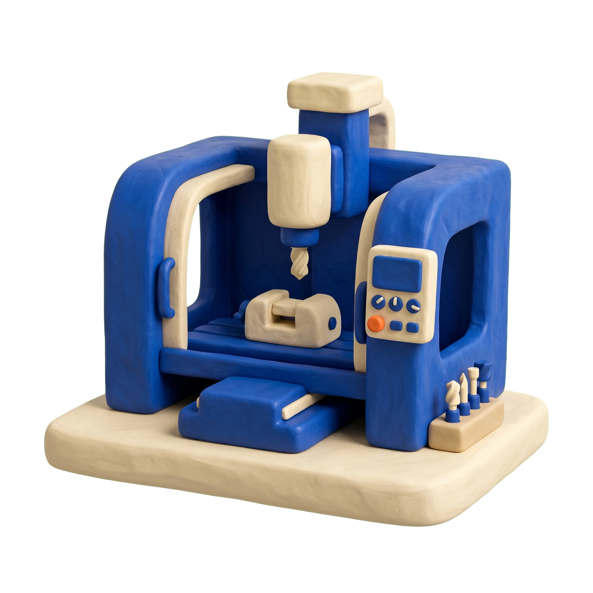 Machine shop illustration in blue and ivory clay